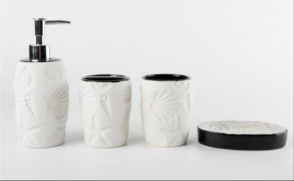 4-Piece White Black Aquarium  Effect Ceramic Bathroom Accessory, Includes Liquid Soap or Lotion Dispenser, Toothbrush Holder, Tumbler, Soap Dish