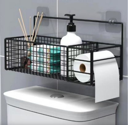 Metal Mesh Over The Toilet Storage Rack, Bathroom Toilet Tank Shelf with 2 Sticky Hooks