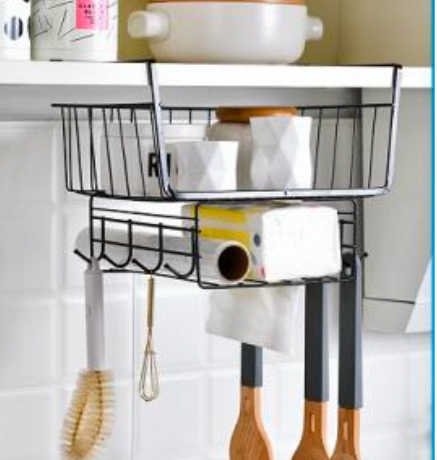 Hanging Shelf Storage Kitchen Basket ,Organizer Basket,Under Cabinet Slide-in Wire Rack With 8-Hooks For Towels,Knives,Key,Cups,Tissue for Laundry,Room