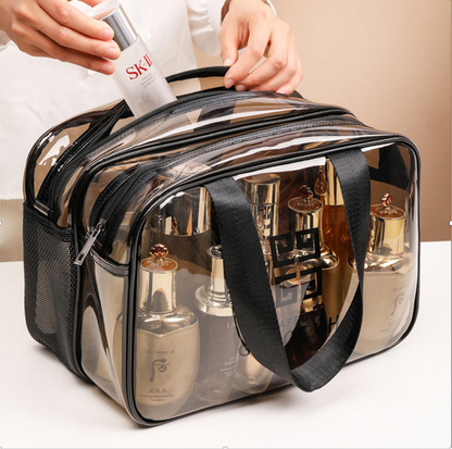 Clear Makeup Bag, Waterproof Makeup Bag ,Large Waterproof Clear Travel Bag for Toiletries - Transparent Makeup Bag with Double Zipper Design - TSA Compliant Carry-On for Men and Women - Stylish Black Trim